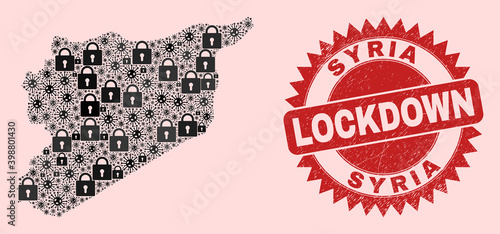 Vector Covid-2019 lockdown collage Syria map and grunge stamp. Lockdown red stamp seal uses sharp rosette shape. Mosaic Syria map is organized from Covid-2019, and locked items.