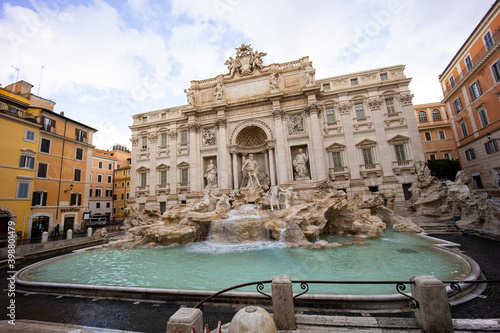 Trevi Fountain, Fontana di Trevi in ​​Rome. The Trevi Fountain is the largest Baroque fountain, it is one of the most famous symbols of Rome. Rare shots in the period of the lockdown empty square.