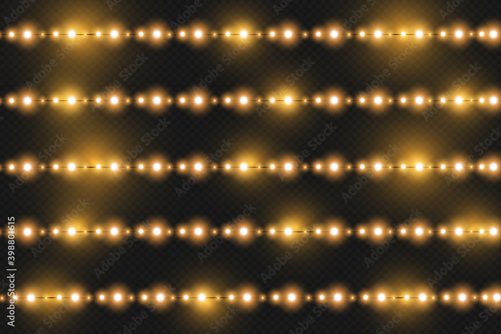 Set of vector realistic seamless light garlands isolated on transparent background