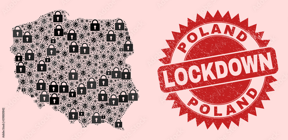 Vector Covid-2019 lockdown mosaic Poland map and grunge stamp print. Lockdown red imprint uses sharp rosette form. Collage Poland map is composed of covid- 2019 virus, and lock items.