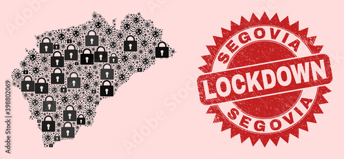 Vector Covid-2019 lockdown mosaic Segovia Province map and rubber stamp seal. Lockdown red stamp uses sharp rosette shape. Mosaic Segovia Province map is organized of covid, and locked icons.