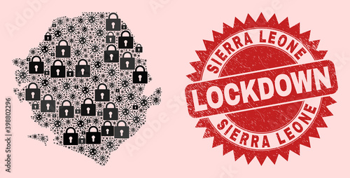 Vector Covid-2019 lockdown collage Sierra Leone map and scratched stamp seal. Lockdown red seal uses sharp rosette form. Collage Sierra Leone map is formed with SARS virus, and lock icons.