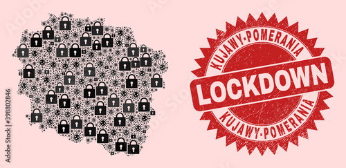 Vector pandemic lockdown mosaic Kujawy-Pomerania Province map and dirty stamp seal. Lockdown red stamp uses sharp rosette shape. Mosaic Kujawy-Pomerania Province map is made with virus,
