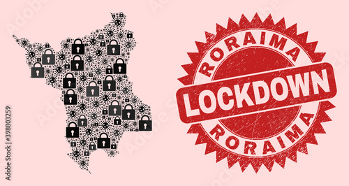 Vector Covid lockdown composition Roraima State map and grunge stamp imitation. Lockdown red stamp uses sharp rosette form. Collage Roraima State map is designed of Covid, and lock items.