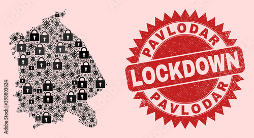 Vector Covid-2019 lockdown collage Pavlodar Region map and unclean stamp print. Lockdown red stamp seal uses sharp rosette form. Collage Pavlodar Region map is composed with corona virus,