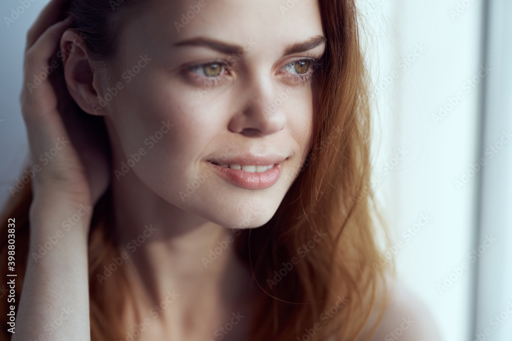 pretty smiling woman near window at home morning rest pretty smiling woman near window at home morning rest