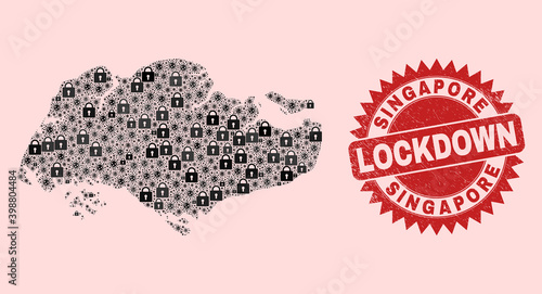 Vector Covid lockdown collage Singapore map and dirty seal. Lockdown red stamp seal uses sharp rosette form. Collage Singapore map is formed with covid, and lock items.