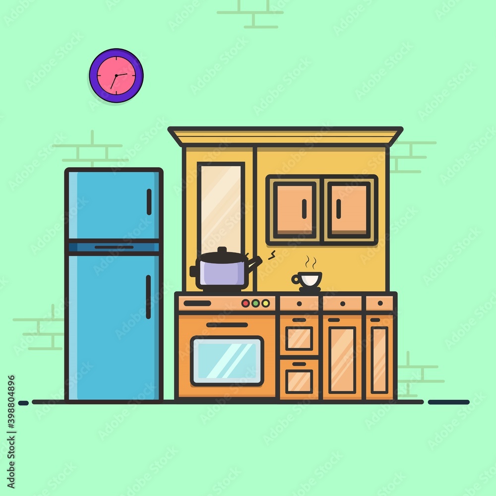 Illustration of kitchen with cookware, cupboard and refrigerator vector design Illustration of kitchen with cookware, cupboard and refrigerator vector design