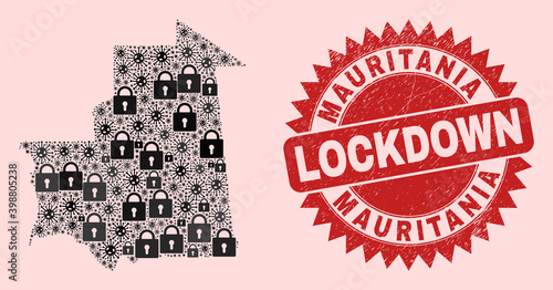 Vector pandemic lockdown collage Mauritania map and textured seal. Lockdown red watermark uses sharp rosette shape. Collage Mauritania map is formed of Covid, and locked icons.
