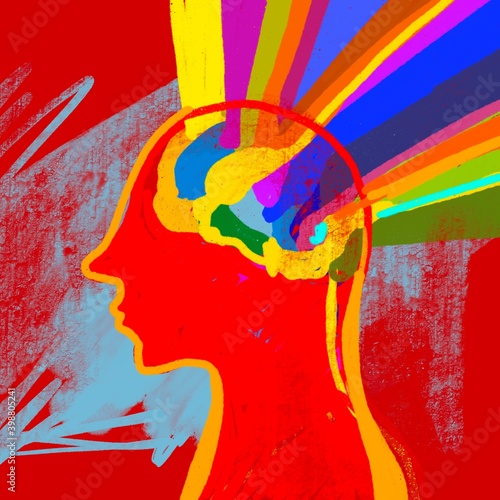 Disegno grafico rosso. Idee come arcobaleno entrano nella testa. Ispirazione. Creatività.