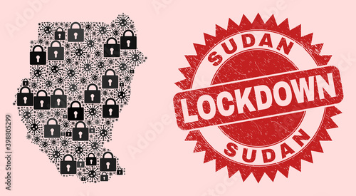 Vector Covid lockdown collage Sudan map and scratched stamp print. Lockdown red watermark uses sharp rosette form. Collage Sudan map is composed with Covid, and lock items.