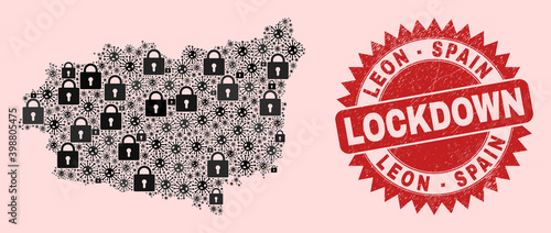 Vector Covid lockdown composition Leon Province map and textured stamp imitation. Lockdown red stamp uses sharp rosette shape. Collage Leon Province map is composed from covid, and lock items.