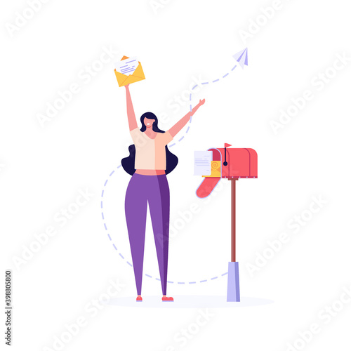 Woman is sending or receiving a letter. Concept of subscribe newsletter, subscription, email subscribe, correspondence, pen pals. Vector illustration in flat design for UI, website, mobile app
