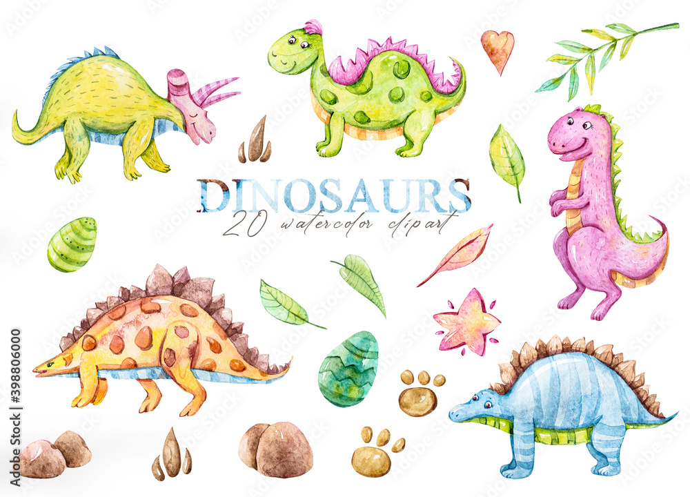 Obraz premium Watercolor cute dinosaurs clipart set.Cartoon nursery illustration isolated on a white background. Hand painted illustration for sticker, pattern, baby shower, birthday invitation, poster, sublimation