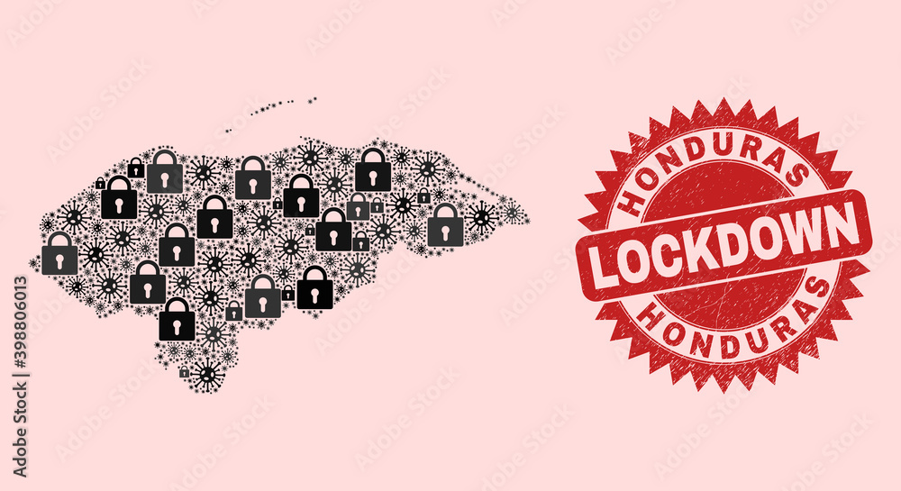 Vector Covid lockdown collage Honduras map and textured seal. Lockdown red watermark uses sharp rosette form. Collage Honduras map is made from SARS virus, and locked items. Vector Covid lockdown collage Honduras map and textured seal. Lockdown red watermark uses sharp rosette form. Collage Honduras map is made from SARS virus, and locked items.