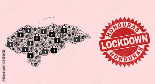 Vector Covid lockdown collage Honduras map and textured seal. Lockdown red watermark uses sharp rosette form. Collage Honduras map is made from SARS virus, and locked items.