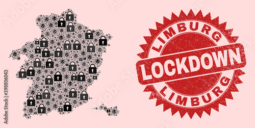 Vector pandemic lockdown combination Limburg Province map and scratched stamp imitation. Lockdown red stamp seal uses sharp rosette form. Collage Limburg Province map is constructed from coronavirus, © Evgeny