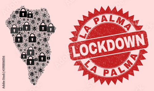 Vector coronavirus lockdown collage La Palma Island map and corroded stamp print. Lockdown red seal uses sharp rosette form. Collage La Palma Island map is done of SARS virus, and locked icons.