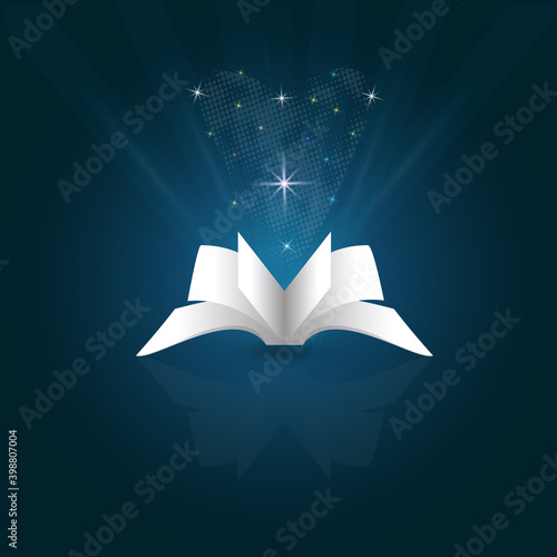 Open white book starry heart shape background vector photo