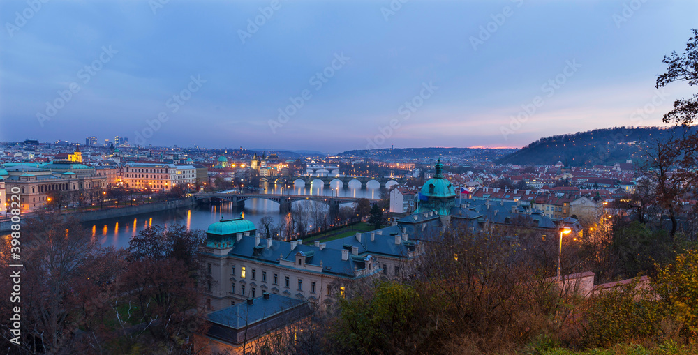 Night Prague City with its Cathedrals, Towers and Bridges in the Christmas Time, Czech Republic