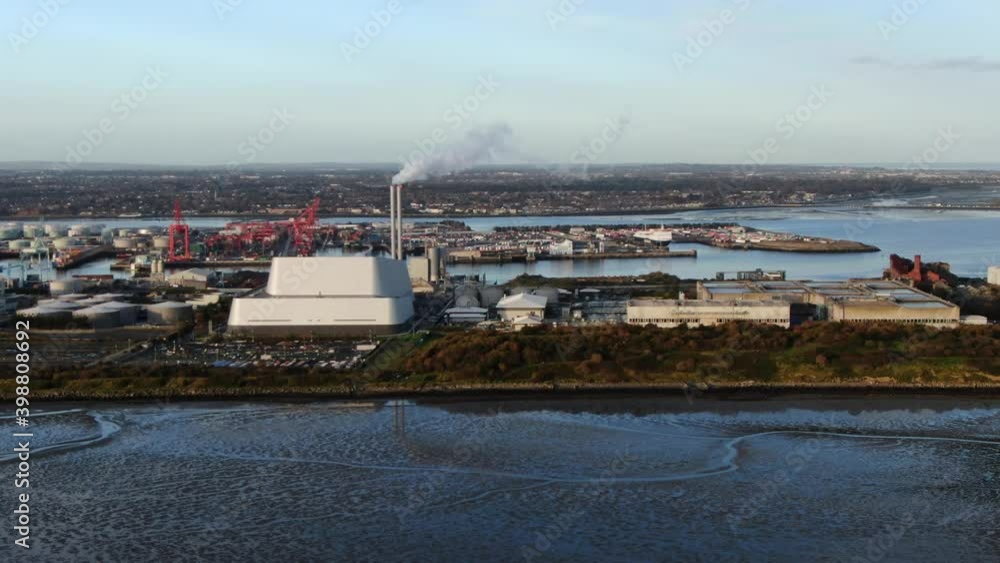 A stationary aerial shot of Dublin Waste-to-Energy Facility at Poolbeg A stationary aerial shot of Dublin Waste-to-Energy Facility at Poolbeg