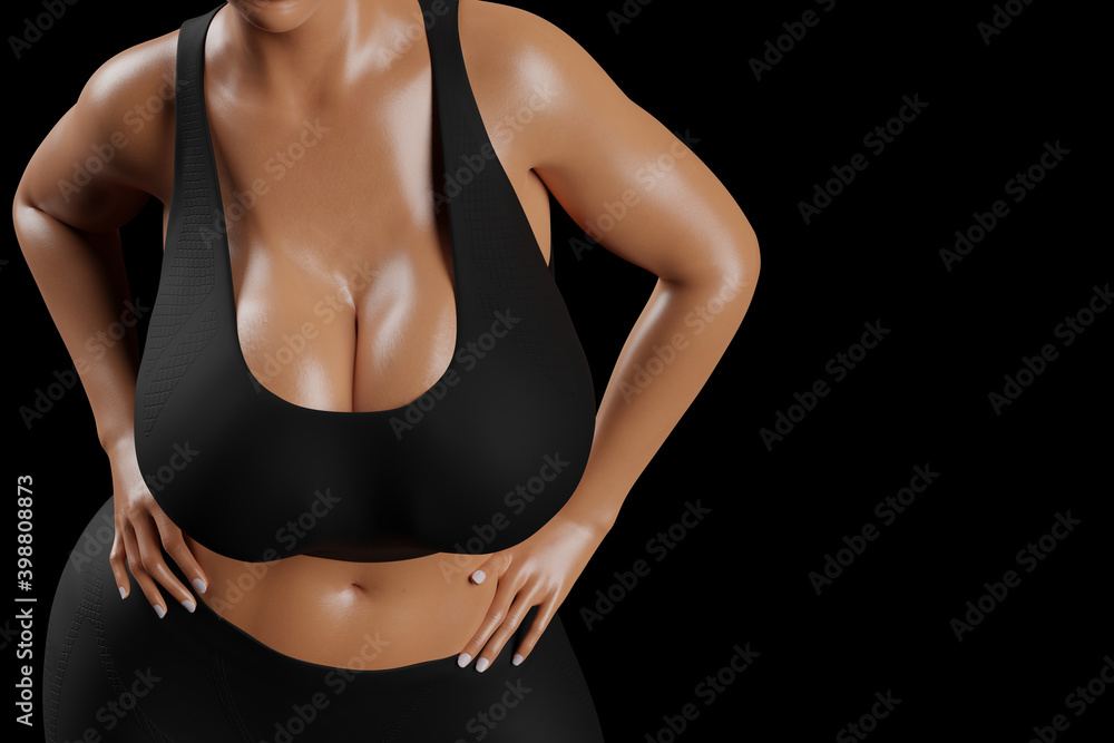 Naklejka premium Young slim woman with big breasts in black sportswear