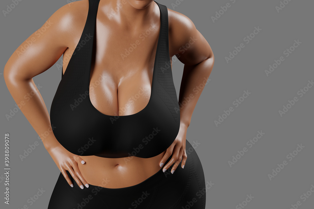 Fototapeta premium Young slim woman with big breasts in black sportswear