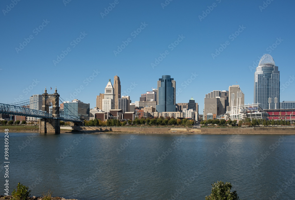 Downtown Cincinnati Ohio on a Sunny Day with the Ohio River in the Foreground