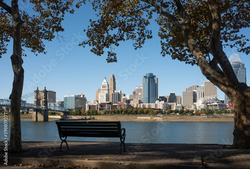 Downtown Cincinnati Ohio on a Sunny Day with the Ohio River in the Foreground photo