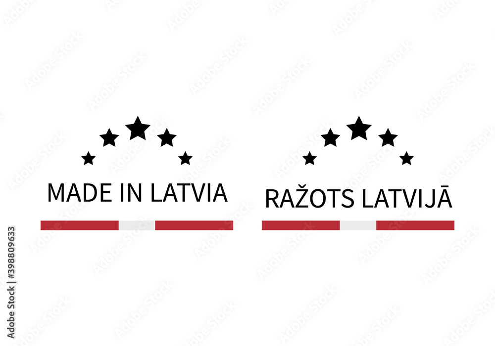 Made in Latvia labels in English and in Latvian languages. Quality mark vector icon. Perfect for logo design, tags, badges, stickers, emblem, product package, etc Made in Latvia labels in English and in Latvian languages. Quality mark vector icon. Perfect for logo design, tags, badges, stickers, emblem, product package, etc