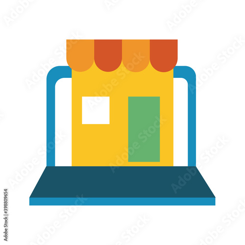 store front in laptop line and fill style icon