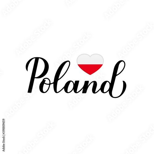 Poland calligraphy hand lettering isolated on white. Polish flag in shape of heart. Easy to edit vector template for typography poster banner  flyer  sticker  shirt  postcard  etc