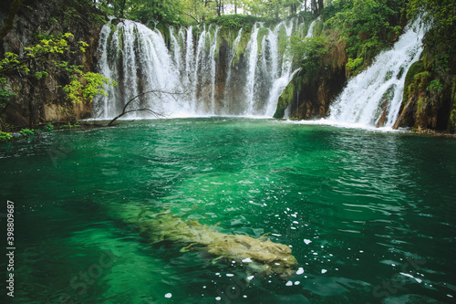 Plitvice Lakes beautiful nature, wood bridge. lakes, waterfall, rainbow, rivers.