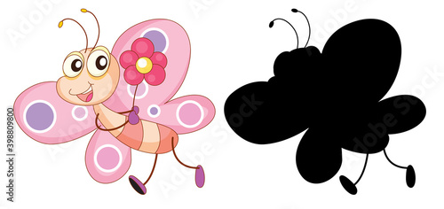Set of insect cartoon character and its silhouette on white background