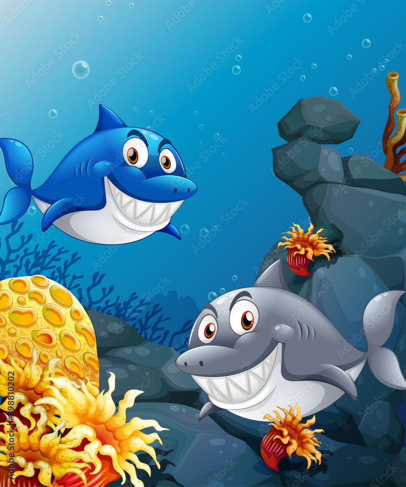 Fototapeta premium Many sharks cartoon character in the underwater background