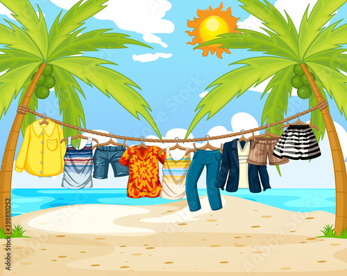 Many clothes hanging on a line in the beach scene