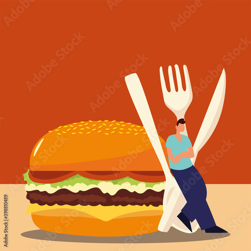 man with cutlery and fast food burger design