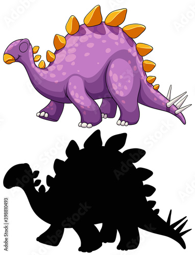 Set of dinosaur cartoon character and its silhouette on white background