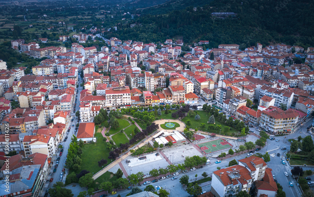 Aerial view of Florina city in northern Greece at twilight time
