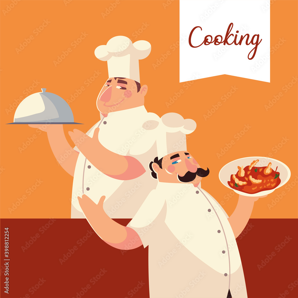 chefs with silver platter and soup worker professional restaurant chefs with silver platter and soup worker professional restaurant
