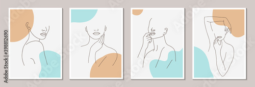 Set of posters template with minimalistic female figure. Linear female body and abstract shapes. Modern abstract line art style. Vector illustration. 