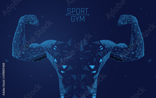Human power low poly wireframe banner template. Polygonal physical strength, strong bodybuilder, athlete body mesh art illustration. 3D male hand muscles, flexed biceps with connected dots ,wireframe