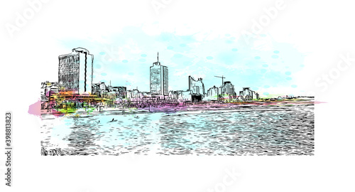 Building view with landmark of Tel Aviv is the city of Israel. Watercolour splash with hand drawn sketch illustration in vector.