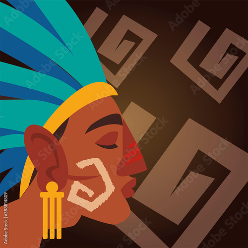 aztec warrior character profile in headgear of feathers