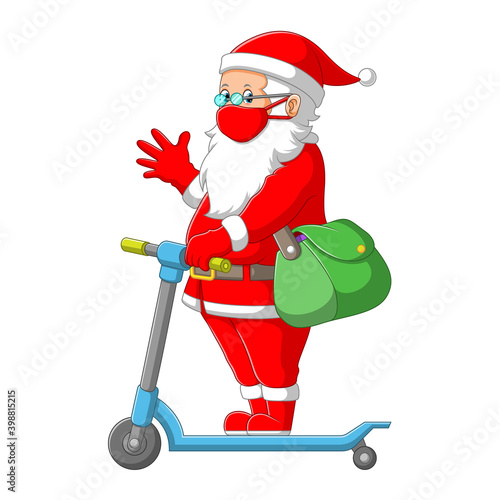 The Santa clause using the red costume and holding the green bag with the scooter