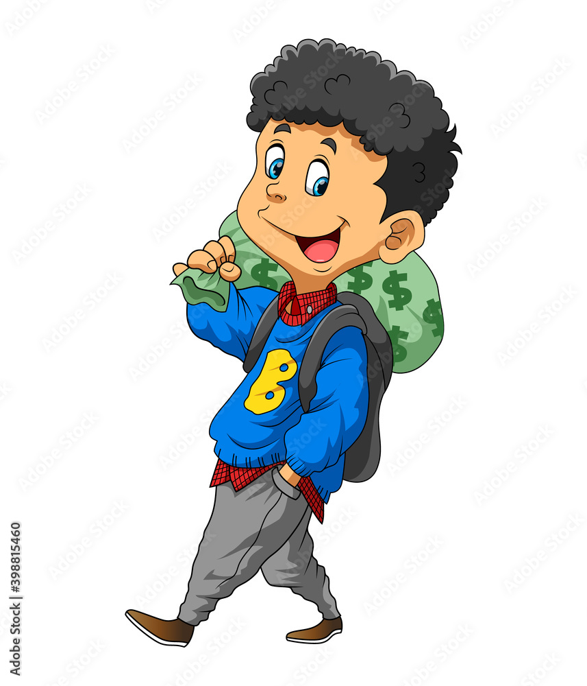 The young man with the casual outfit holding the bag of money in his shoulder The young man with the casual outfit holding the bag of money in his shoulder