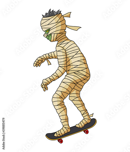 The green mummy with banned body playing the skate board for the Halloween inspiration