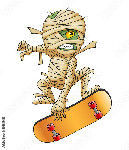 The zombie mummy with the yellow eye playing the yellow skate board for the logo inspiration