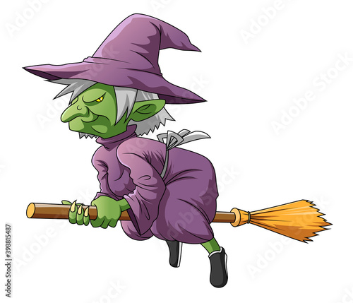 The green elf witch with the purple costume and using the magic broom for flying