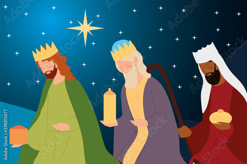 nativity three wise kings with gifts in the night manger
